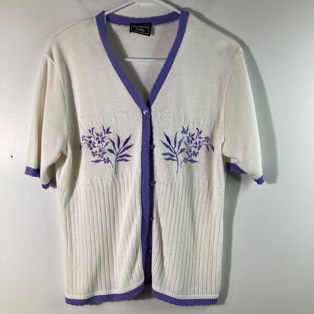 Womens Vintage Southern Lady Floral Button‎ Cardigan Short Sleeve M Purple White